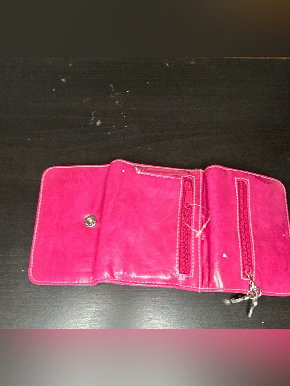 Hot Pink Faux Leather Trifold Wallet with Zipper Pockets